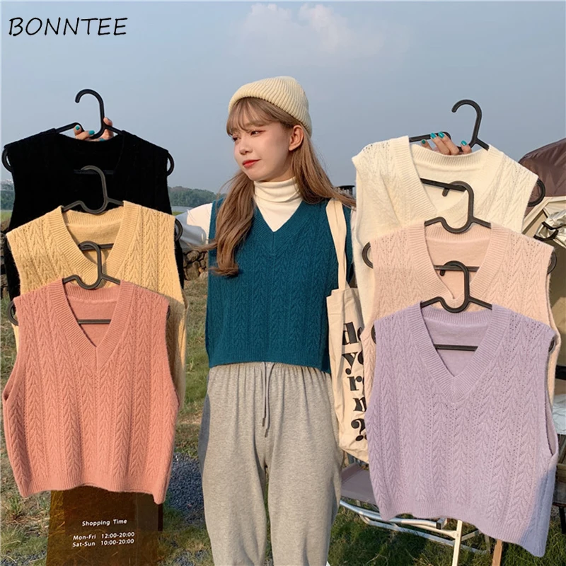 

Sweater Vests Women Cropped Preppy Style Simple Various Colors V-neck Schoolgirls Lovely Students Charming Spring Autumn Femme