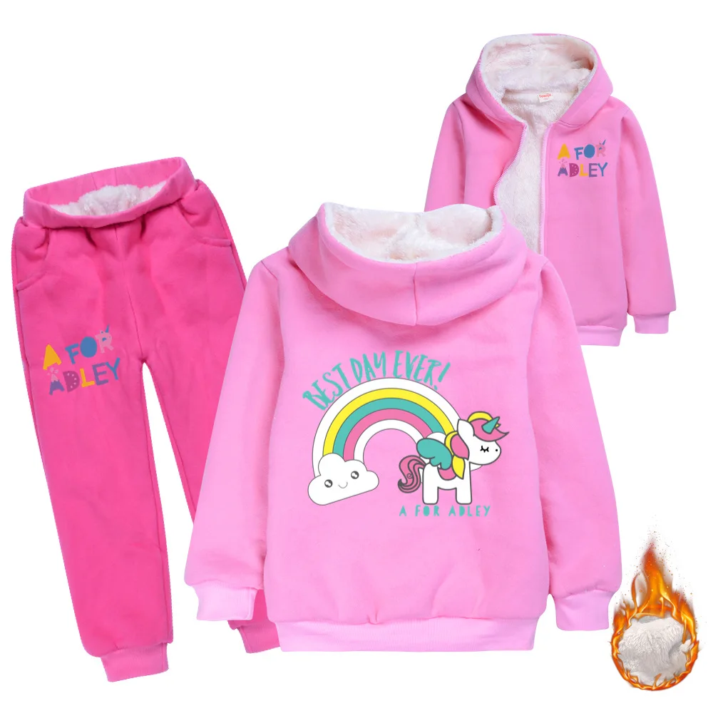 Teen Girls Clothing Winter Kids Sets Solid Color Plus fleece Warm Jacket+pants Casual Children's Sweatershirt Sport Boy Clothing