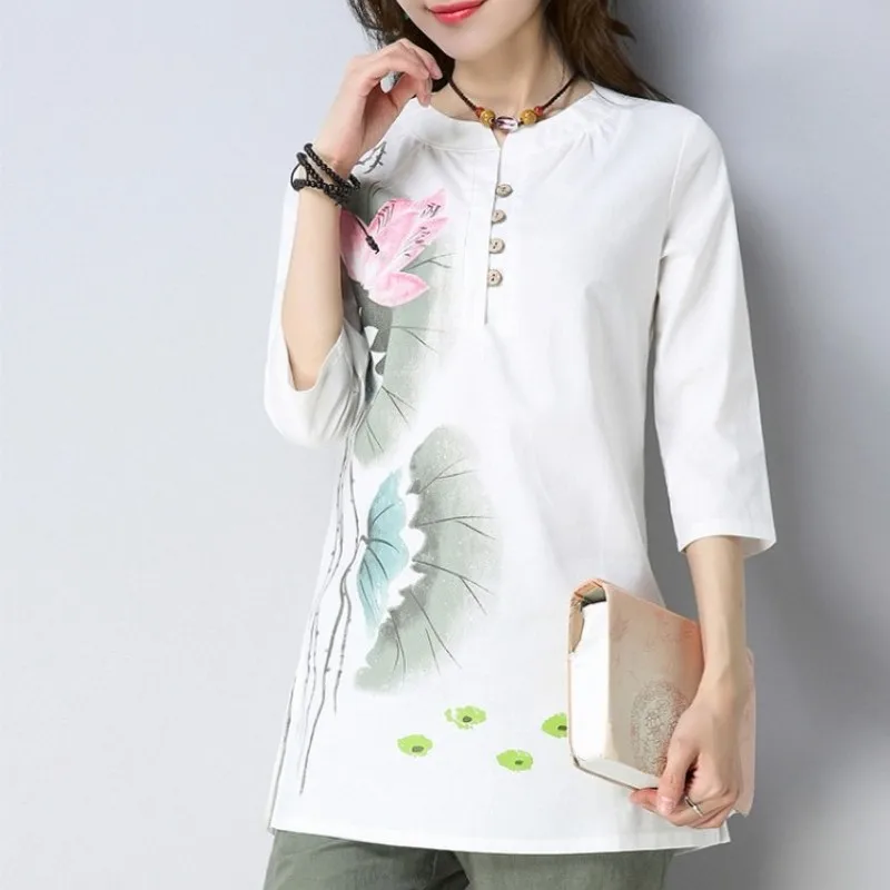 Винтажная женская футболка в китайском стиле костюм Тан футболки из хлопка и