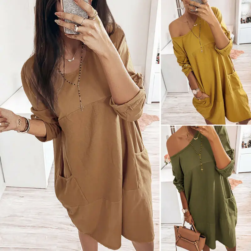 Женская футболка с длинным рукавом хлопковая туника карманами топ женский