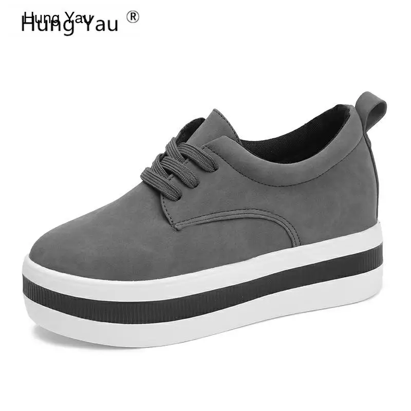 

Hung Yau FLAT Oxford Shoes Woman Autumn Thick Bottom Flats Fashion Oxford Women Lace-Up Leather Gray Black Shoes Plus Size US 9