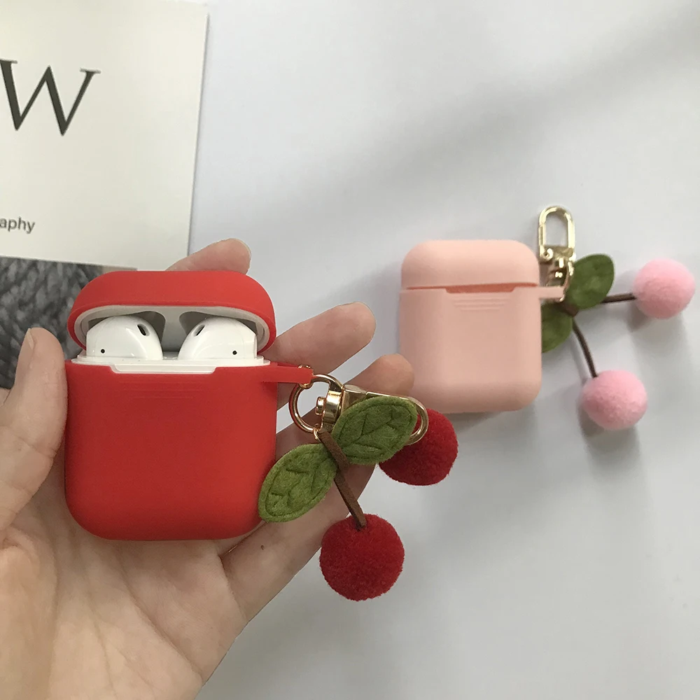 Корейский Вишневый меховой шарик-подвеска для гарнитура для AirPods чехол Bluetooth беспроводной защитный чехол для Apple AirPods чехол cherry Keychian