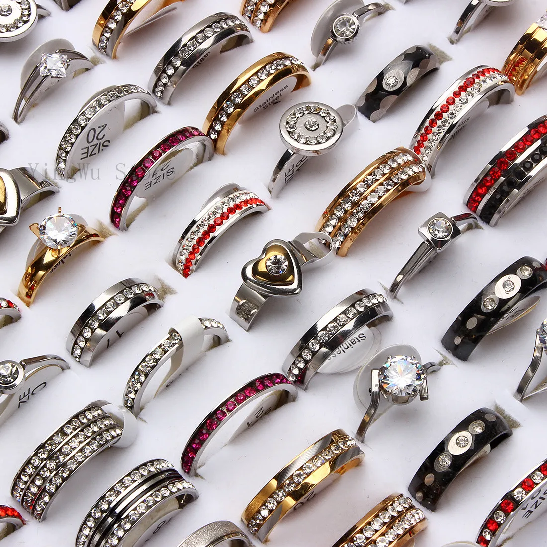 

YingWu Wholesale Bulk Lots 20pcs Rings Mix Styles Top Women's unisex Fashion Rhinestone Stainless Steel Wedding Jewelry Gift