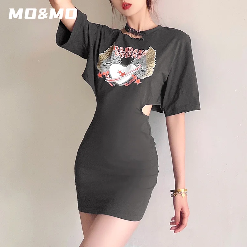 

MO&MO-2021 spring and summer new women's solid color slim hollow hip fashion print dress women woman dress