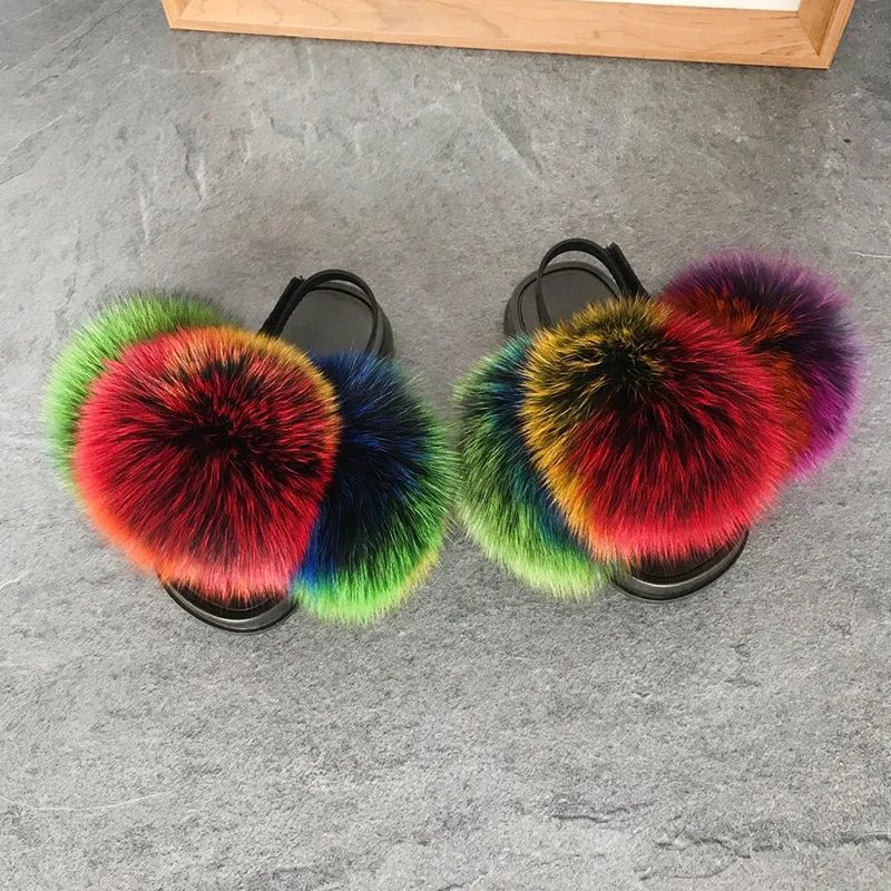 

Pom Pom Children's Velcro Fox Fur Slippers Non-slip Slides Baby Elastic Shoes Girls Fluffy Furry Sandals Kids Rainbow Slippers