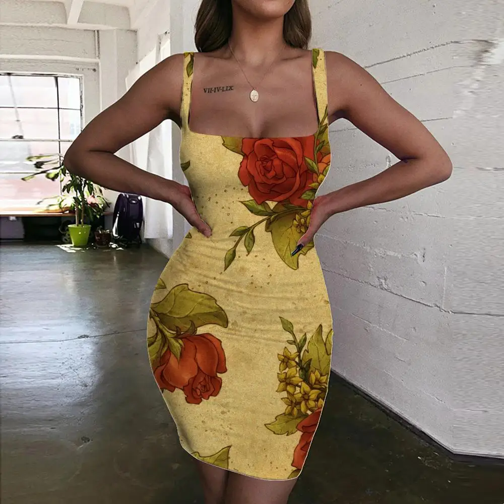 

Giyu Flower Dress Women Flowers 3d Print Art Halter Sleeveless Pattern Ladies Dresses Womens Clothing Party New Boho Fashion