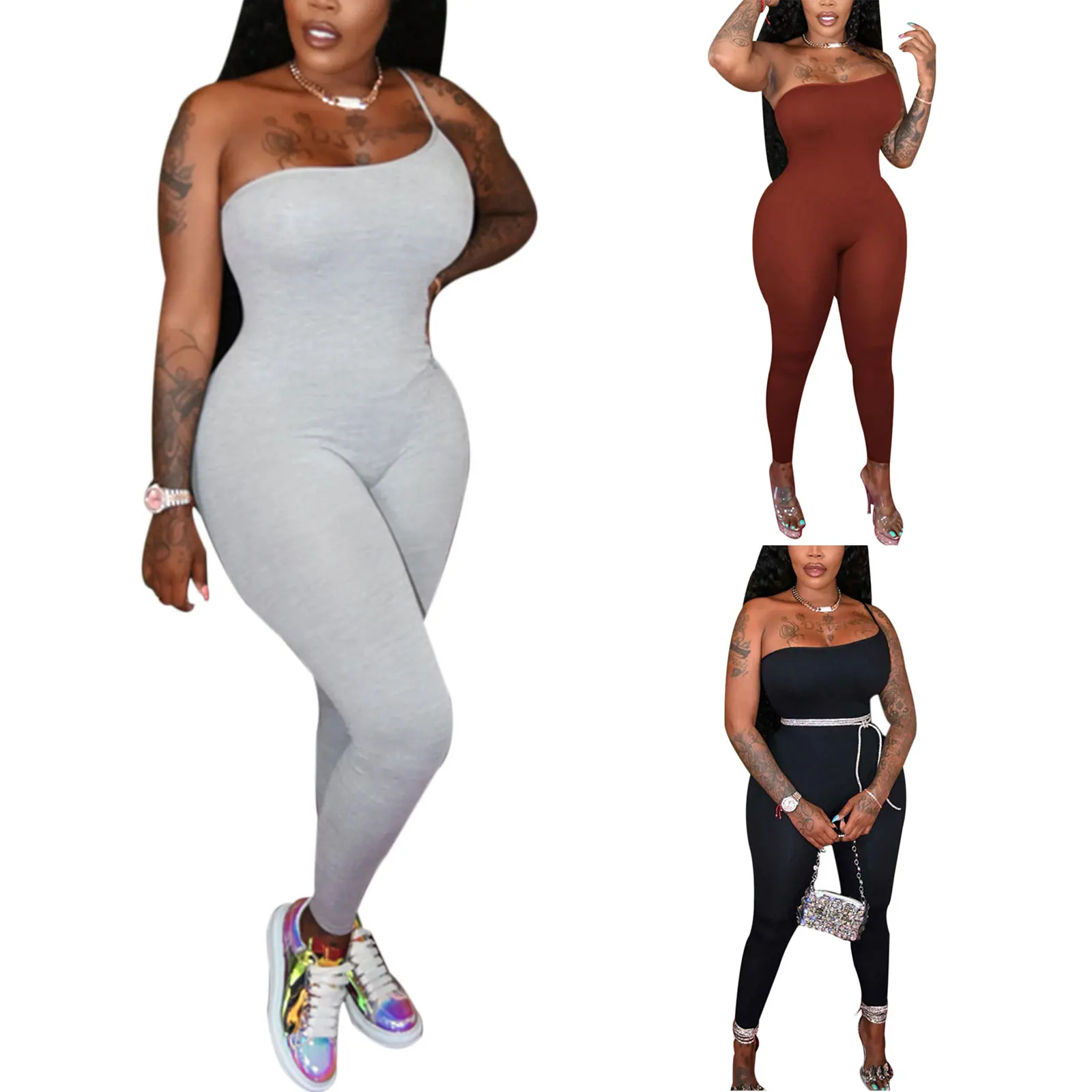 

Women Solid Color Close-fitting Jumpsuit, Boat Neck Sleeveless Sexy Overalls, Black/ Light Grey/ Brown 2021 New Fashion