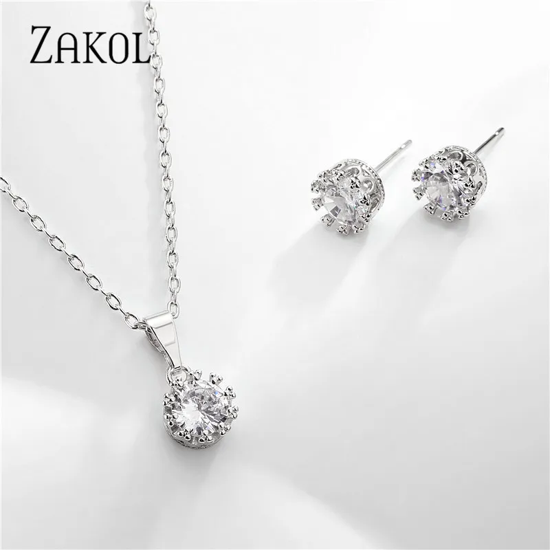 ZAKOL модные классические блестящие круглые серьги-гвоздики с фианитом ожерелье