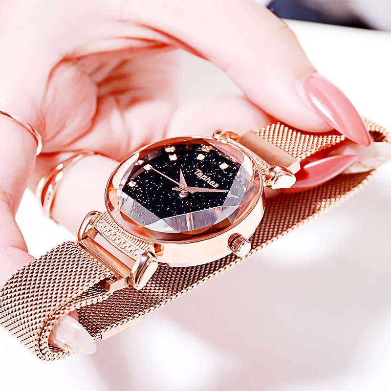 Модные часы Sky Женские Простые кварцевые с браслетом новые сетчатые магнитные