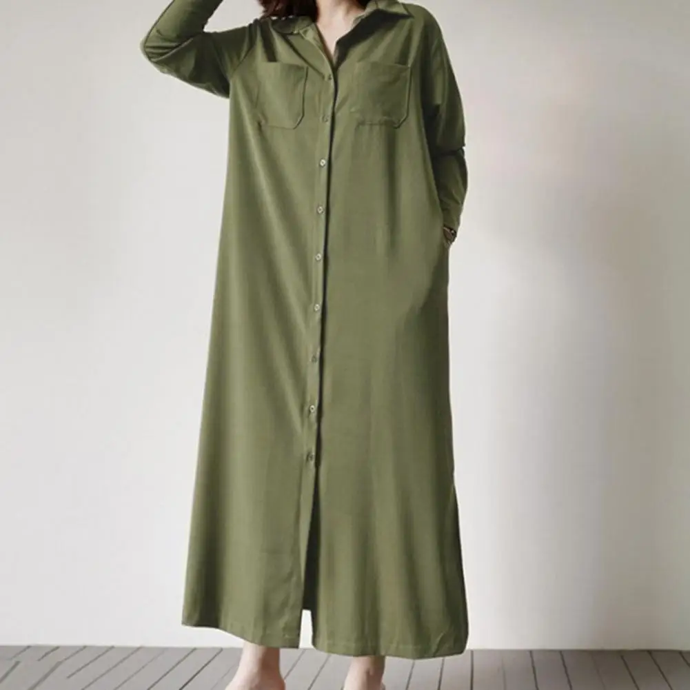 

Осень 2021, однотонное длинное платье-рубашка, женское повседневное свободное платье на пуговицах с отворотом и длинным рукавом, модное джинс...