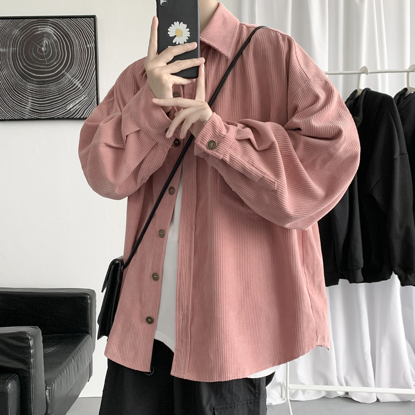 

Рубашка Вельветовая с длинным рукавом для мужчин и женщин, модная сорочка в Корейском стиле, Повседневная блуза оверсайз, одежда с принтом, ...