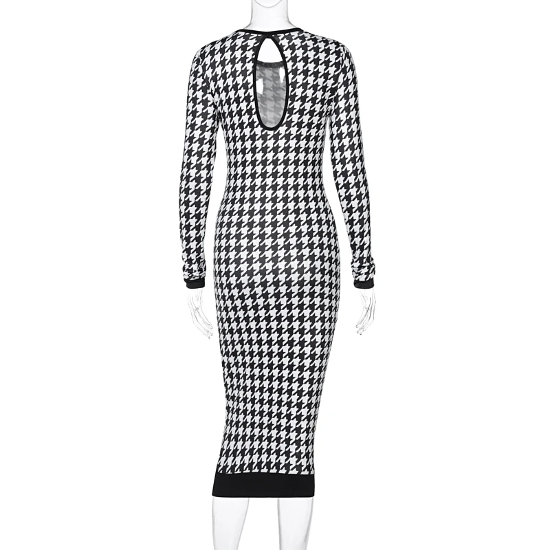 

Women's Dress 2020 Winter New long-sleeved Round Neck Back Hollow Printed Temperament Slim Skirt Houndstooth Knee-length Skirt
