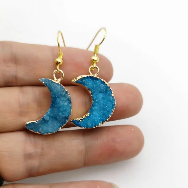 Серьги подвески с друзой из натурального золота в форме Луны синие серьги