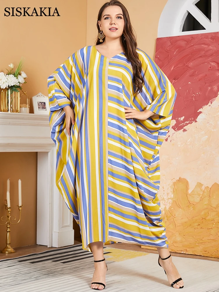 

Siskakia Oversized Plus Size Dress for Women Urban Casual Fashion Striped V Neck Batwing Sleeve Gown Dresses Spring Summer 2022