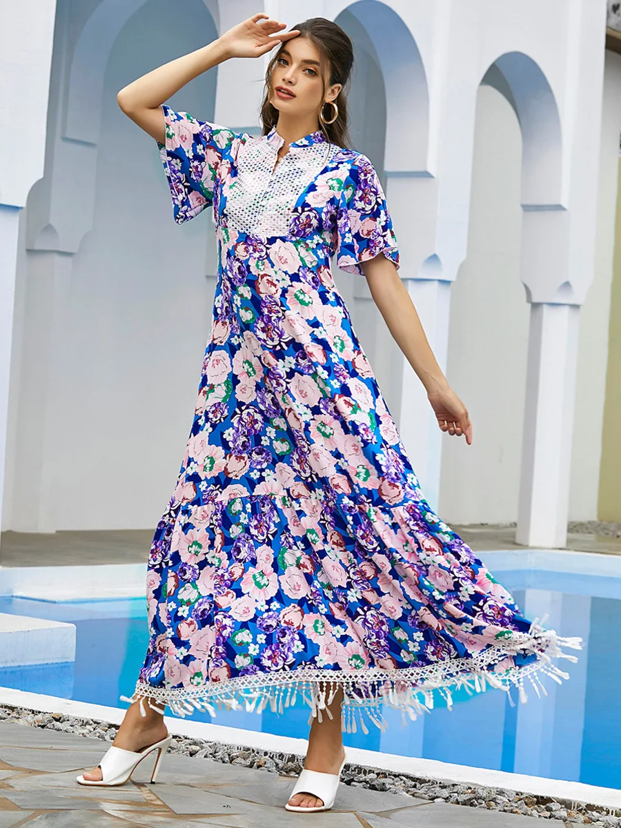 

Women Fashion Long Dress O Neck Short Sleeve Ankle Length Print Floral Slim Tassel Office Lady Casual Style Elegant Summer 2021