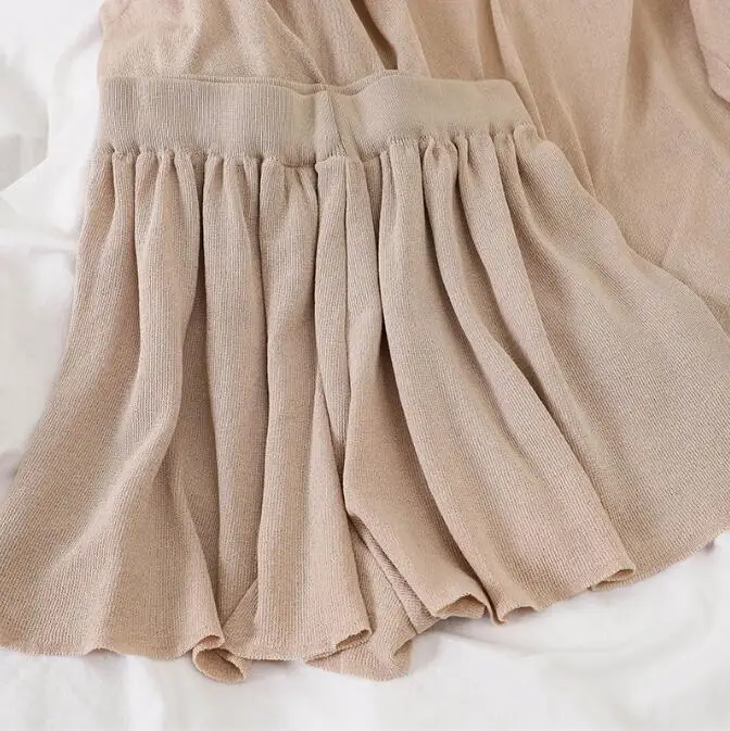 2020 Summer Kintting Casual 2 Piece Set V Neck Loose Pullover+high Waist Elastic Solid Short Pants Streetwear Khaki Black Sets | Женская