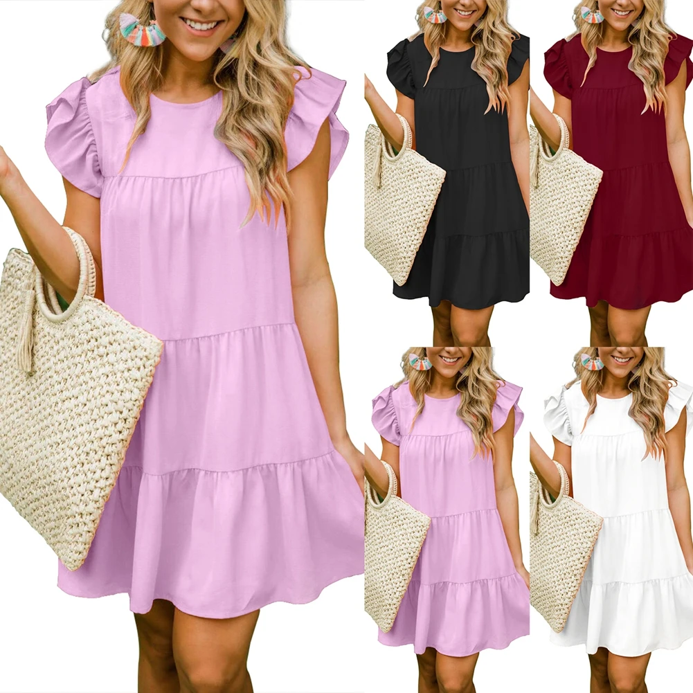 

Sexy O-neck Dresses Casual Solid Colors Dress 2020 New Summer Fashion Womens Raglan shoulder Ruffles Loose Dress