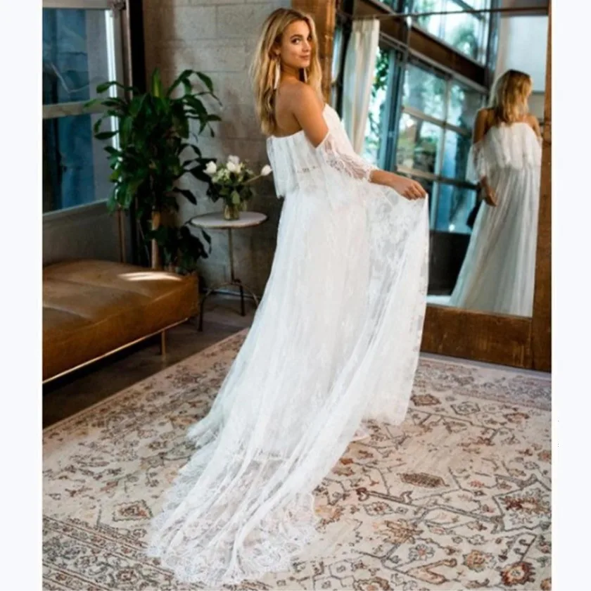 Платье Макси женское с открытыми плечами кружевное отложным воротником| |