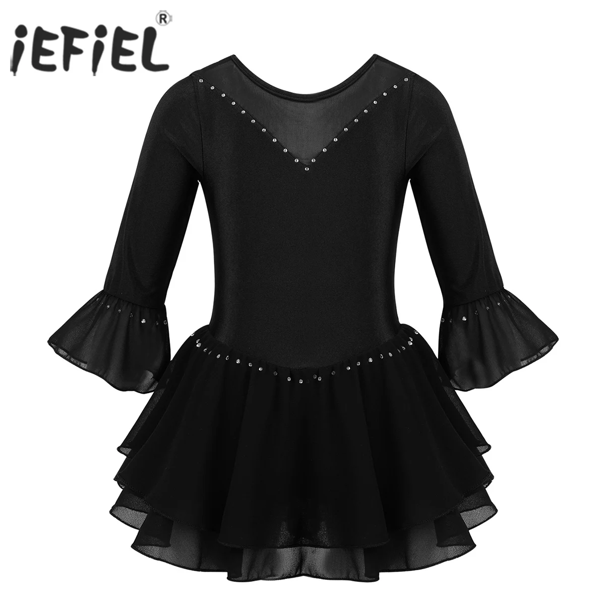 

Kids Girls Shiny Flare Sleeves Splice Rhinestone Figure Ice Skating Dress Roller Skating Ballerina Dance Costumes Leotard Dress