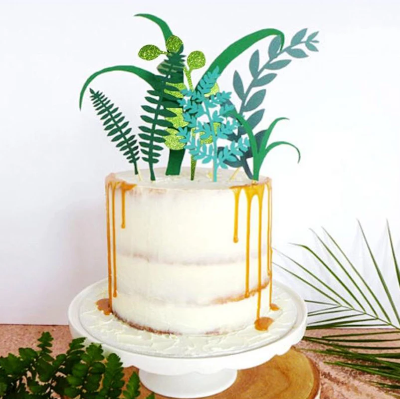 

Nature Green Plant Cake Toppers Laser Cupcake Flags Jungle Party Birthday Baby Shower Cake Topper wedding cake Decorating Supply