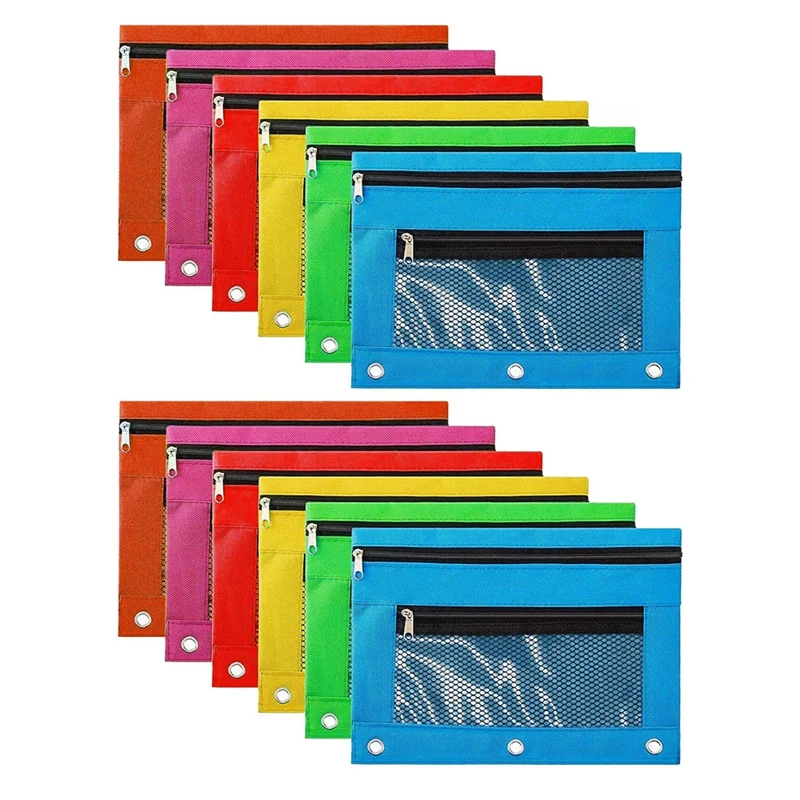

12 Pack Zippered Pencil Pouches with Double Pocket and Mesh Window Binder Pencil Bags for School Supplies,Office,Travel