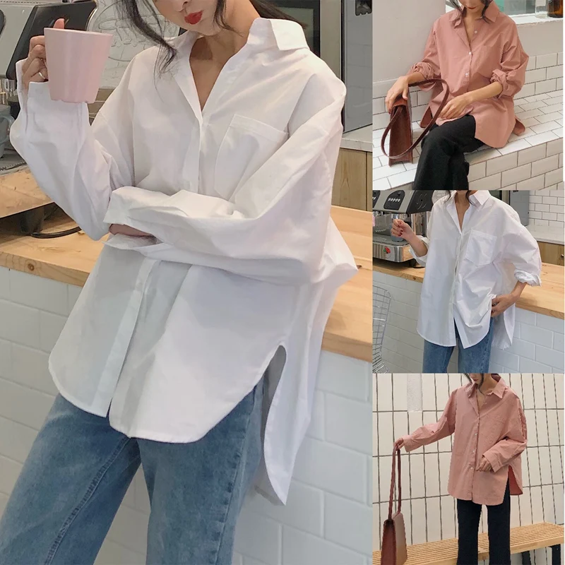 

Рубашка женская свободного покроя, однотонная блузка оверсайз, топ свободного кроя в Корейском стиле, с карманами, в стиле бойфренд, весна-о...