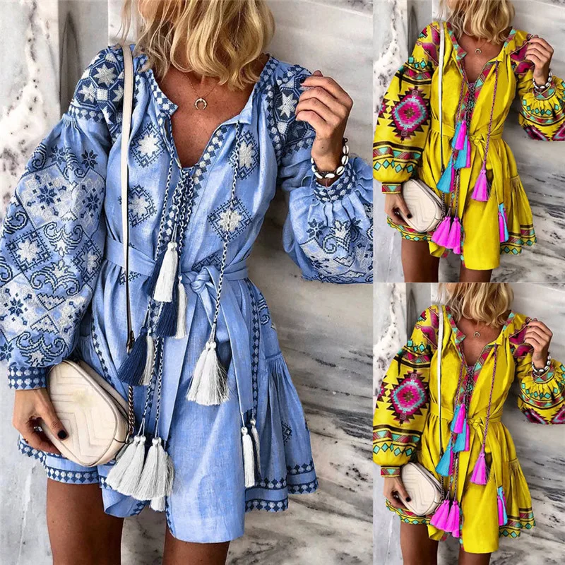 Женское платье с цветочным принтом Повседневное поясом на резинке и V-образным