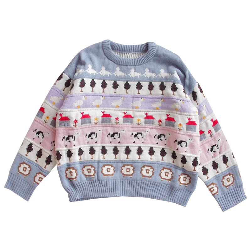 2020 Winter Sweater Thicken pullover Loose Oversize Cute Cartoon Print Vintage Soft Long Sleeve Knitted | Женская одежда