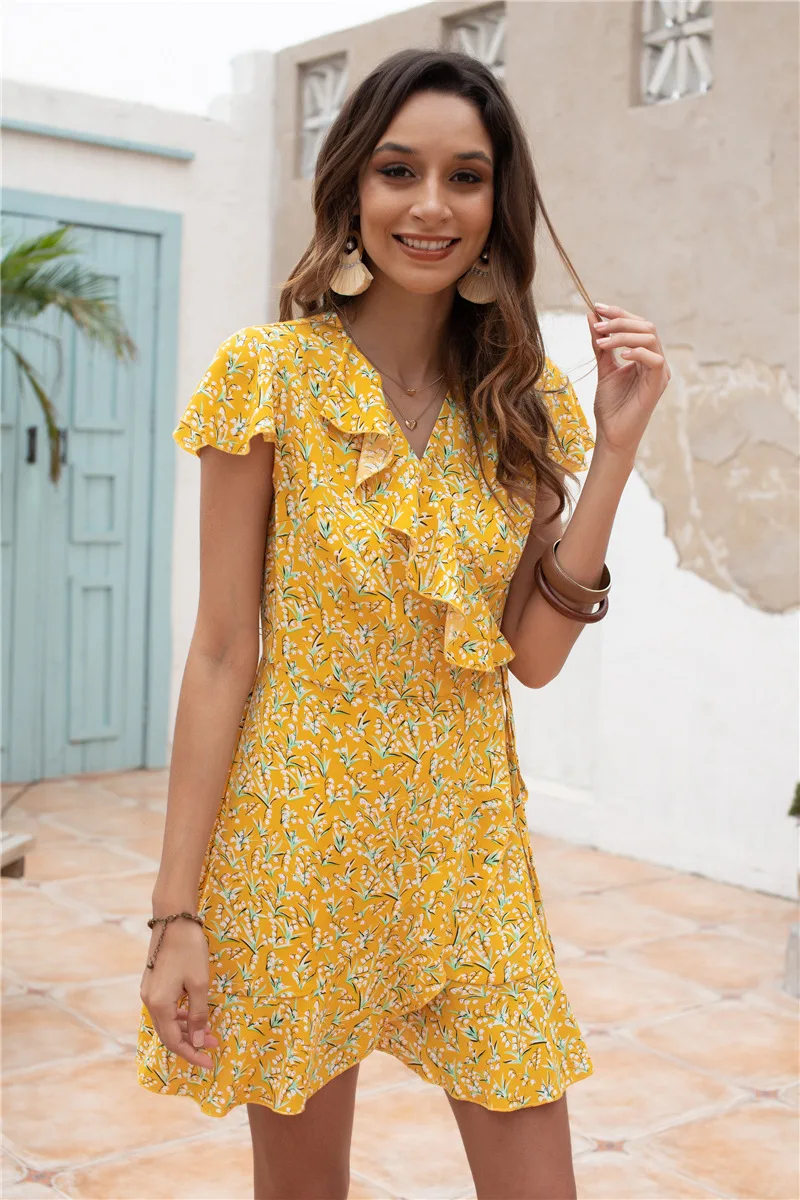 

Printed Dresses Women Summer 2021 Ruffle Short Sleeve V neck A-Line Mini Dress Beach Boho Holiday Women's Dress