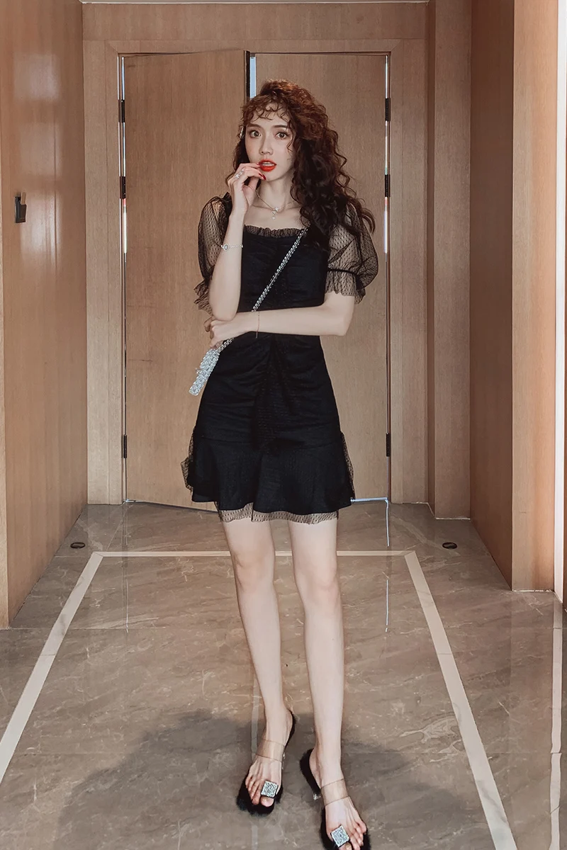 

COIGARSAM French Style Lace Women one-piece dress korean New Summer Dresses Black 2257