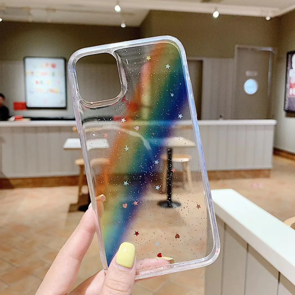 Блестящий Радужный Прозрачный чехол для IPhone 11 Pro Max телефона силиконовый милый