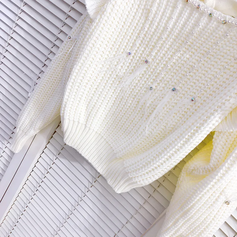 

2021 Autumn Knitwear New Scoop Sexy Off-Shoulder Lace-up Backless Pullover Sweet Ruffles Stitching Long Sleeve Knitted Sweater