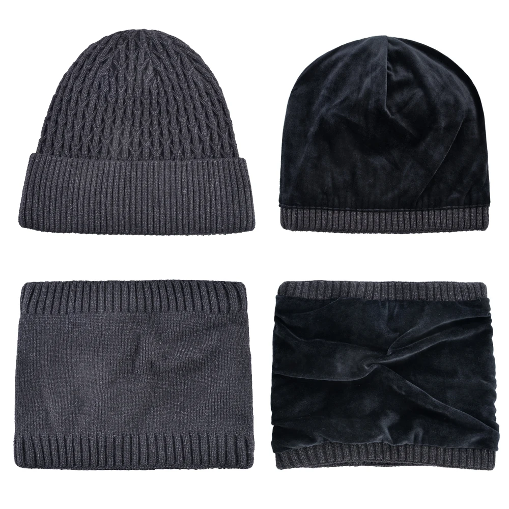 Теплая шапка для мужчин Зимняя вязаная и шарф Толстая монохромный шапки Двойной