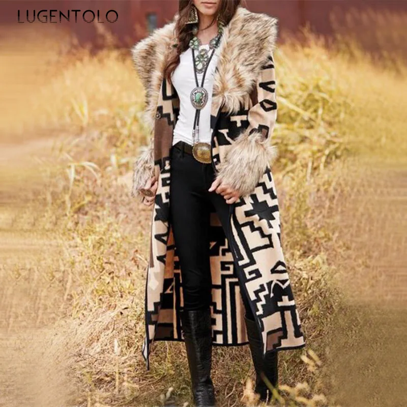 

Trench Cardigan Women Long Sleeve Print Big Fur Collar Coats Female Casual Large Size Lapel Fashion Long Jackets