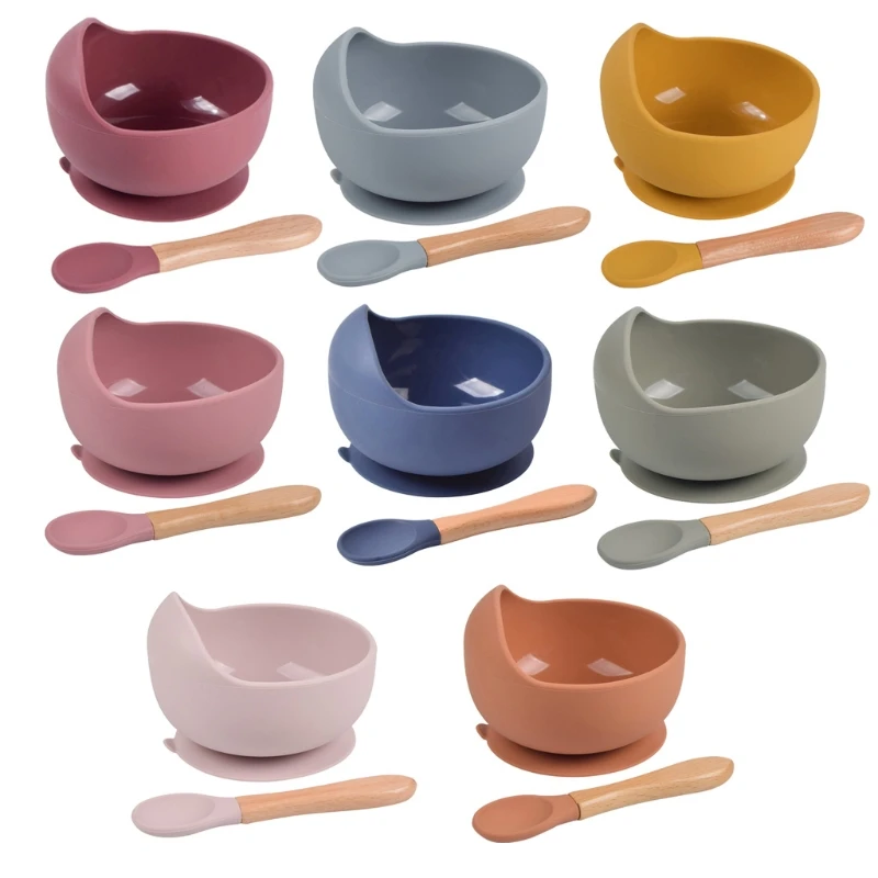 

2Pcs Silicone Baby Feeding Bowl+Spoon Set Newborn Tableware Waterproof Non-Slip Silicone Dishes