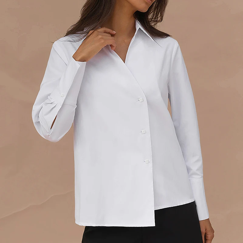

White Autumn Office Ladies Women's Tops Turn-Down Collar Irregular Single-Breasted Long Sleeve Commute Blouse Shirts