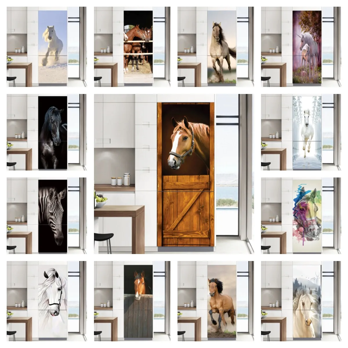 

3d Horse Fridge Decoration Wall Sticker Vinyl Self-adhesive Refrigerator Wallpaper Whole Door Cover Freezer Film Poster Mural