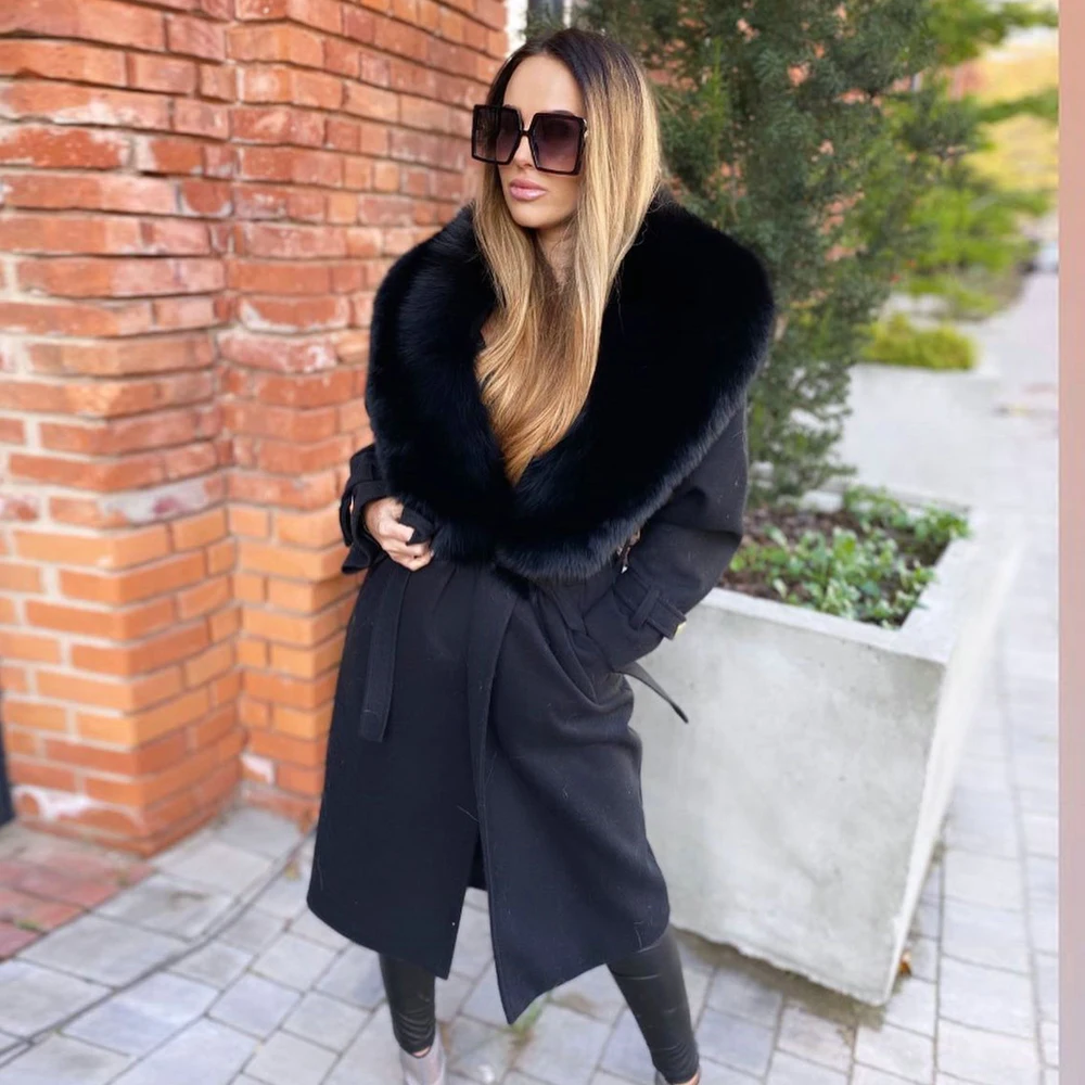 Black Long Wool Blends Coat with Fox Fur Lapel Collar Warm Winter New Natural Fox Fur Cashmere Coat Luxury Outwear Female 2022