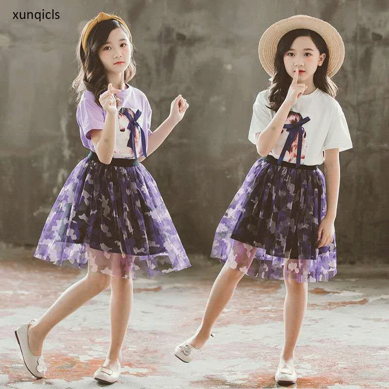 2 шт. футболка с коротким рукавом и юбка для девочек подростков|Комплекты одежды