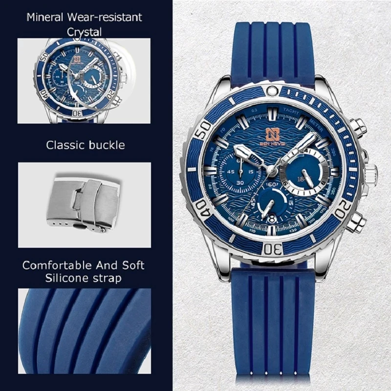 

2021 Men's Quartz Sports Watch Multifunction Three Eyes Small Dial Luminous Stopwatch Date Silicone Waterproof Watch Herrenuhr