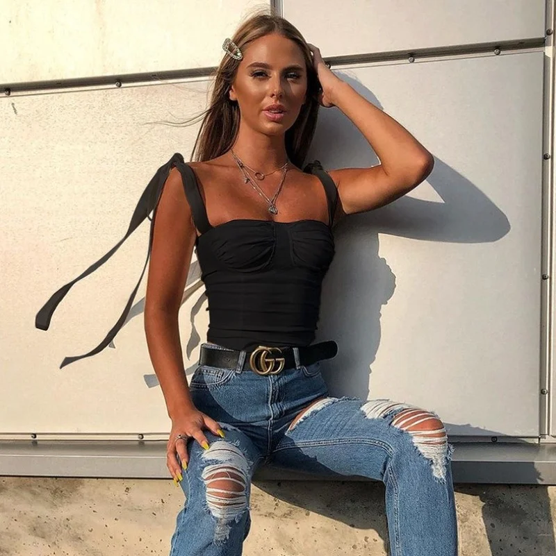 

2021 Women Sexy Bow Bandage Solid Color Sleeveless Crop Top Ladies New Fashion Summer Vintage Casual Sweet Corset Tank Cami Tops