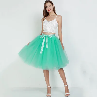 mint green Летний стиль 6-слойное бальное платье по колено пачка Тюлевая юбка с эластичной резинкой на талии, с качели бальное платье плиссированное платье с коротким и широким подолом юбки Saias - Цвет: mint green