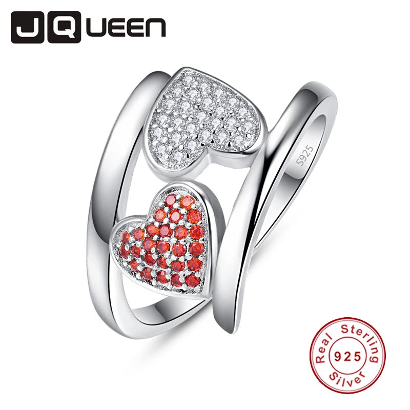 JQUEEN Double Heart Wedding Rings for Women Silver Ring 925 Jewelry Pave Setting CZ Garnet Stone Crystal bijoux femme | Украшения и