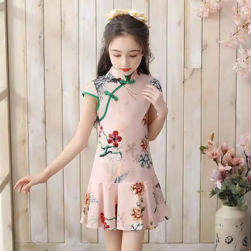 

New Girls Cheongsam Dress 2021 Baby Party Dresses Children Princess Short Sleeve Kids Summer Clothes Teenager Printed Dress