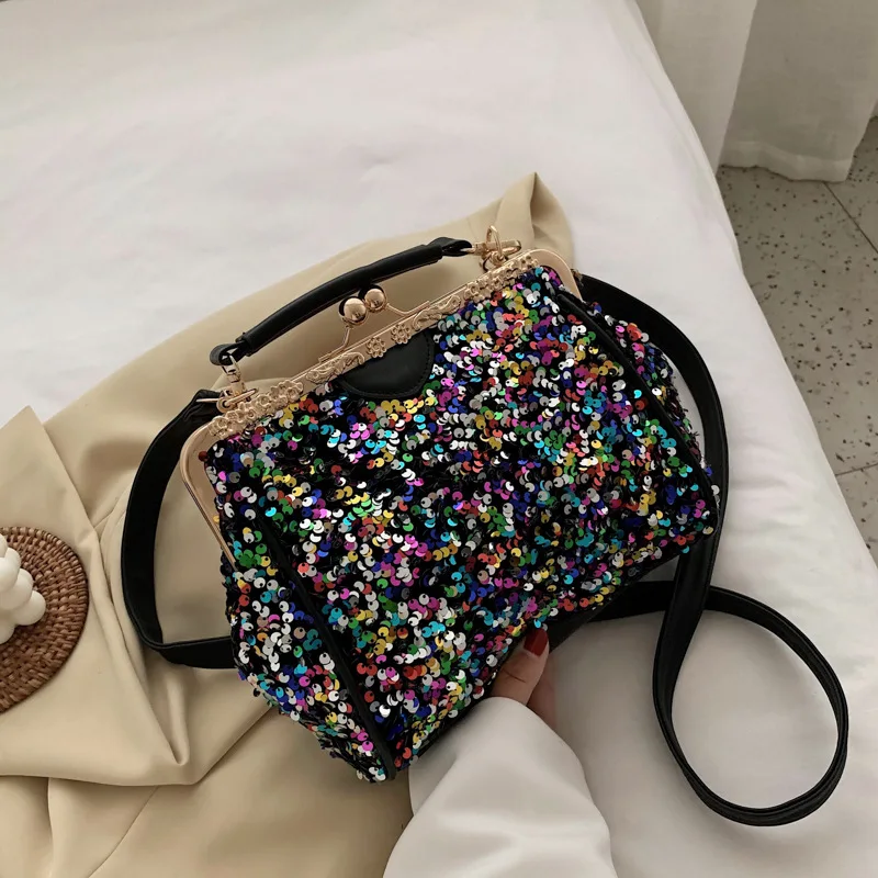 

Fashion Sequins Solid Color Metal Buckle Women's Handbag Fashion One-shoulder Messenger Bag Net Red Popular Sequin Texture Bag