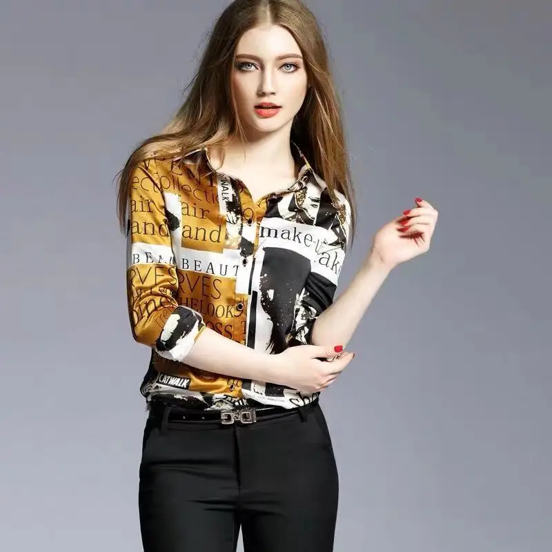 

Europe station Chiffon Long Sleeve Shirt women's 2021 spring and summer printed slim shirt fashion loose bottomed women's top