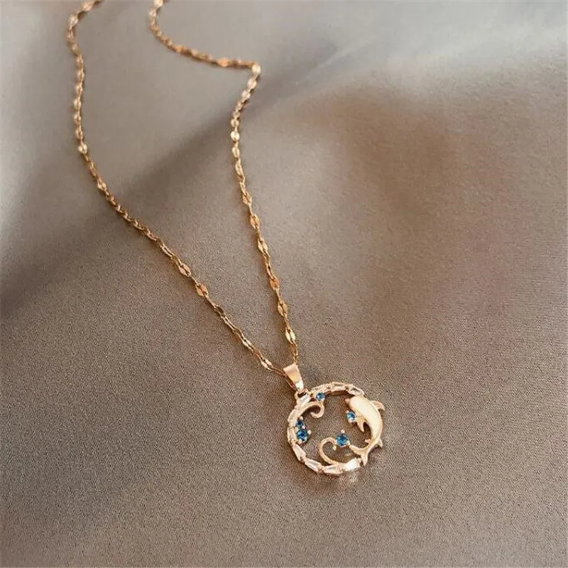 Творческий титановая сталь цепи дельфин кристалл ожерелье элегантной женской