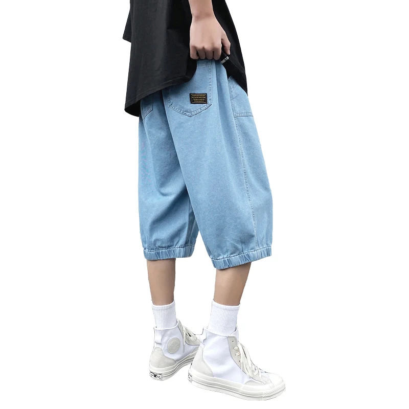 

Summer Korean Hip Hop Harem Denim Cropped Pants 2021 Streetwear Thin Plus Size Straight Jeans Men Clothing Harajuku Cargo Pants