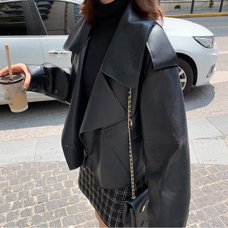 Casual PU Loose Motorcycle Jackets cropped Faux Leather Jacket Women Female Streetwear Short Coat Korean Chic Pockets