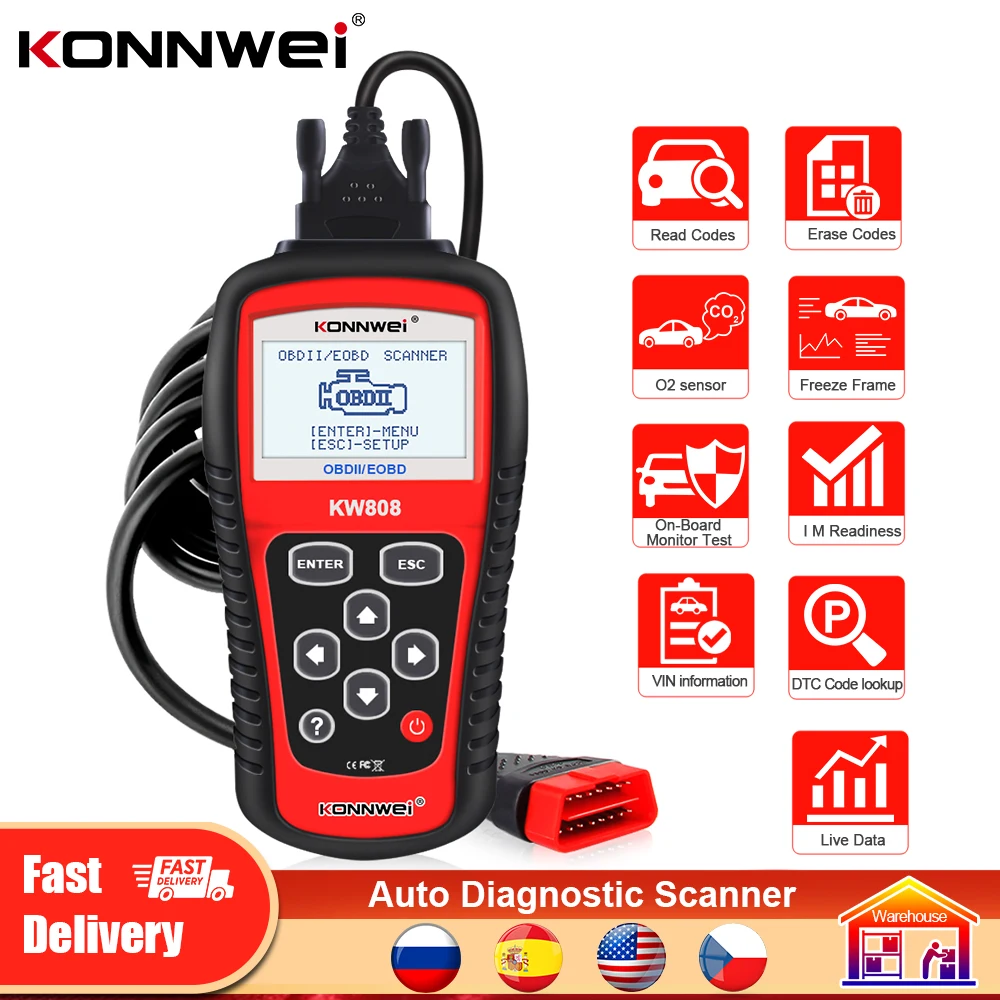 Считыватель кодов KONNWEI OBD2 KW808 Автомобильный сканер считыватель VIN MIL I/M инструмент